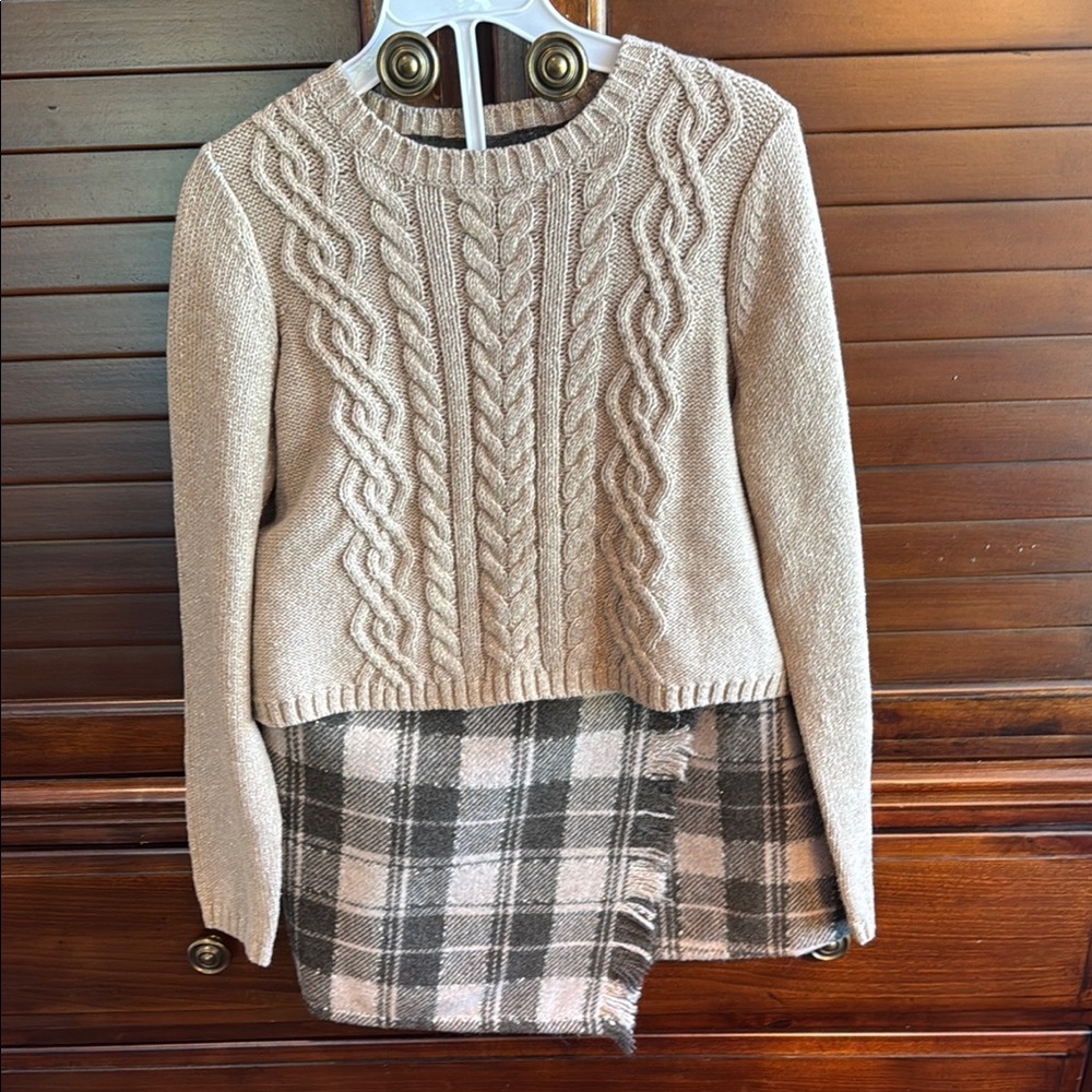 Gold Cable Knit Sweater & Matching Plaid Skirt